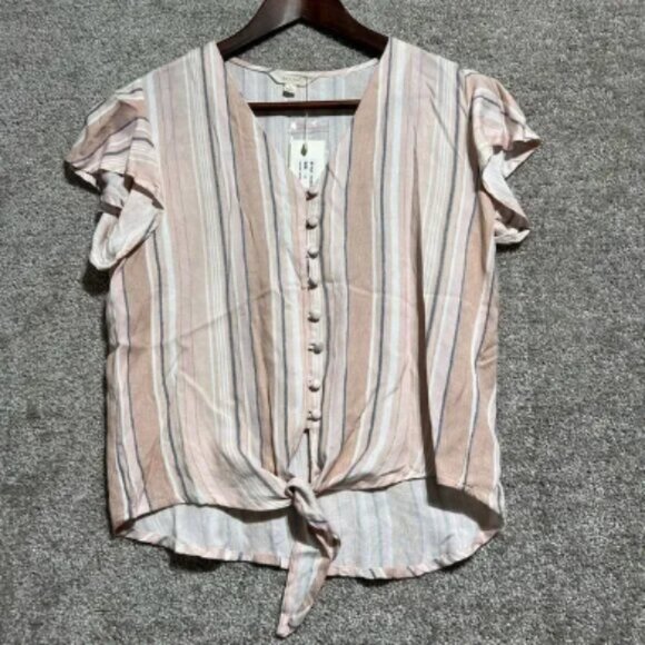 Sim & Sam Woman’s Rayon Flitter Sleeve Tie Front Striped Blouse Size Medium New - Picture 1 of 5
